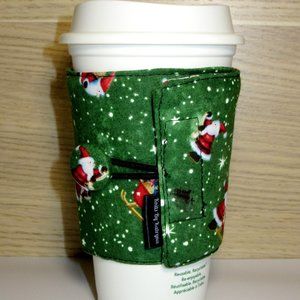 Santa Christmas Green Fabric Coffee Cozy